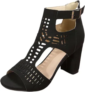 Chunky Block Low Heels Open Toe Heeled Sandals Spring New Large Size Foreign Trade Women's Shoes Roman Wind Hollow