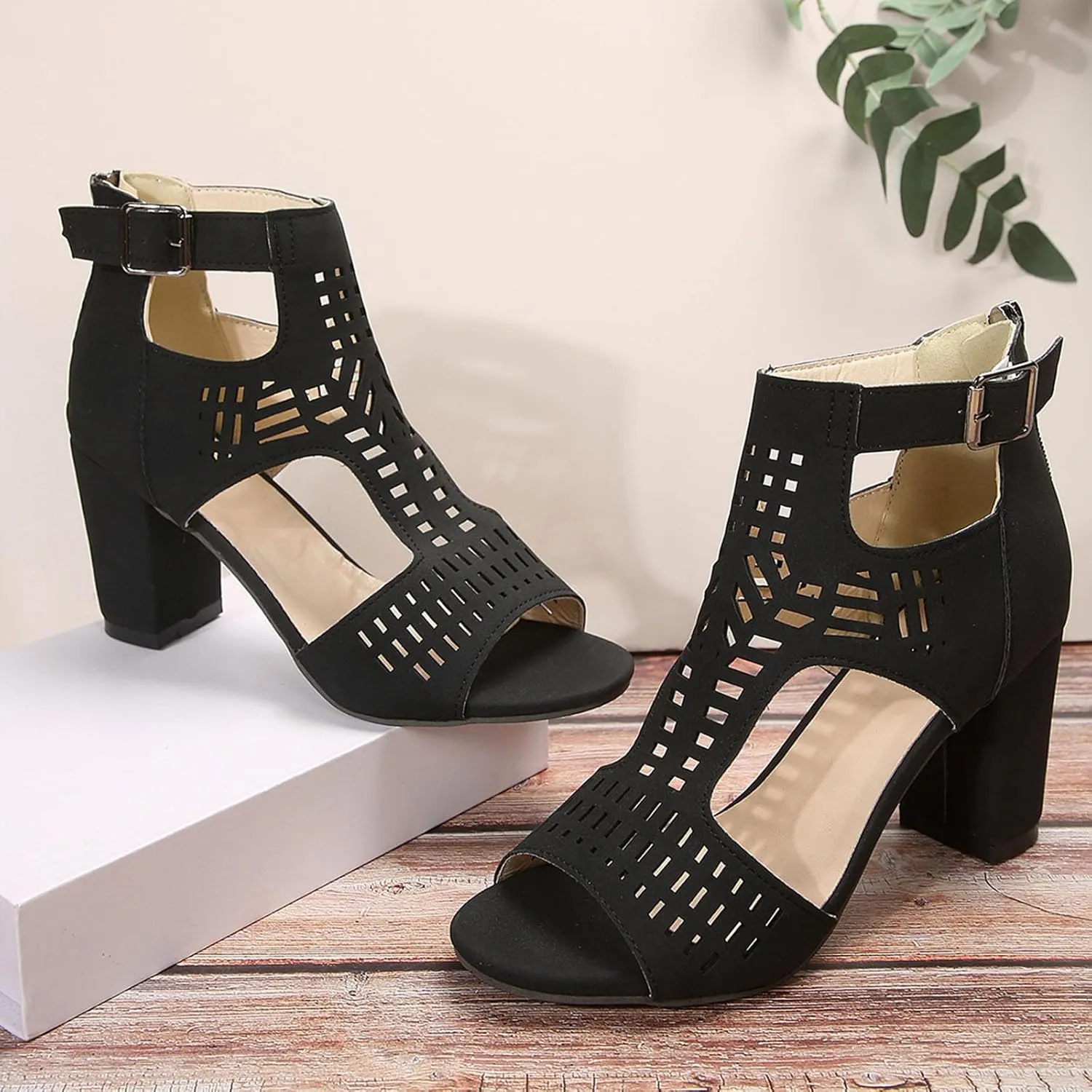 Chunky Block Low Heels Open Toe Heeled Sandals Spring New Large Size Foreign Trade Women's Shoes Roman Wind Hollow