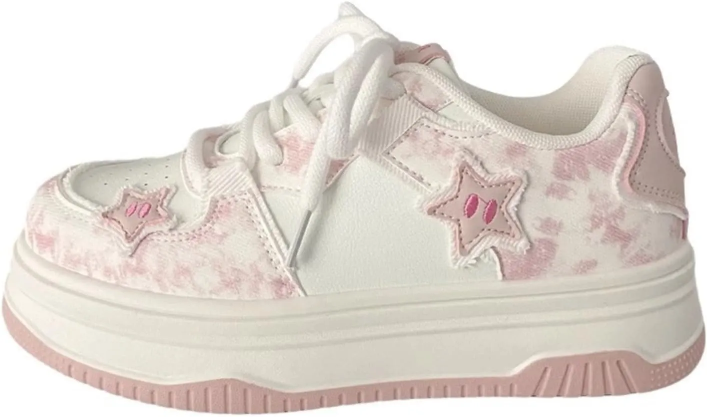 Chunky Sneakers for Women, Star Patch, Round Toe, Preppy Style, Y2K Cute Platform Shoes with 4.5cm Height Boost, Cloud-Soft Sole, All-Season Wear