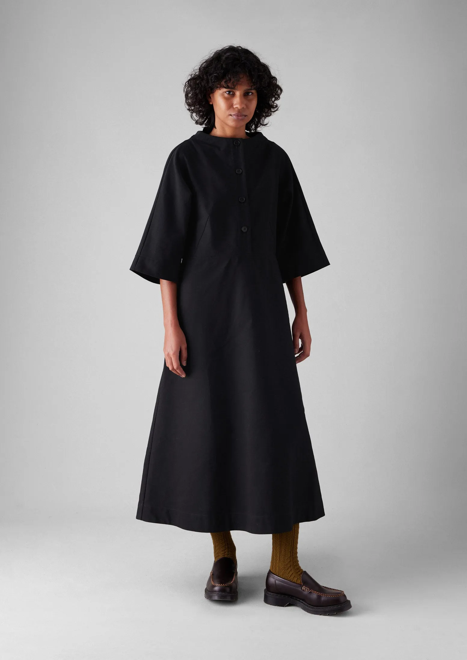 Cotton Linen Twill Smock Dress | Black