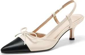 Coutgo Women‘s Bow Tie Slingback Pumps Pointed Toe Kitten Low Heel Patchwork Dress Heeled Sandals