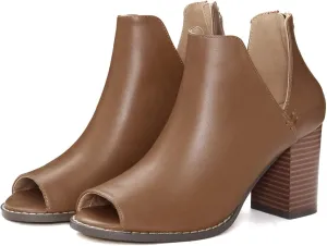 Coutgo Womens Peep Toe Booties Low Chunky Block Heels Side Slit V Cutout Ankle Boots Sandals