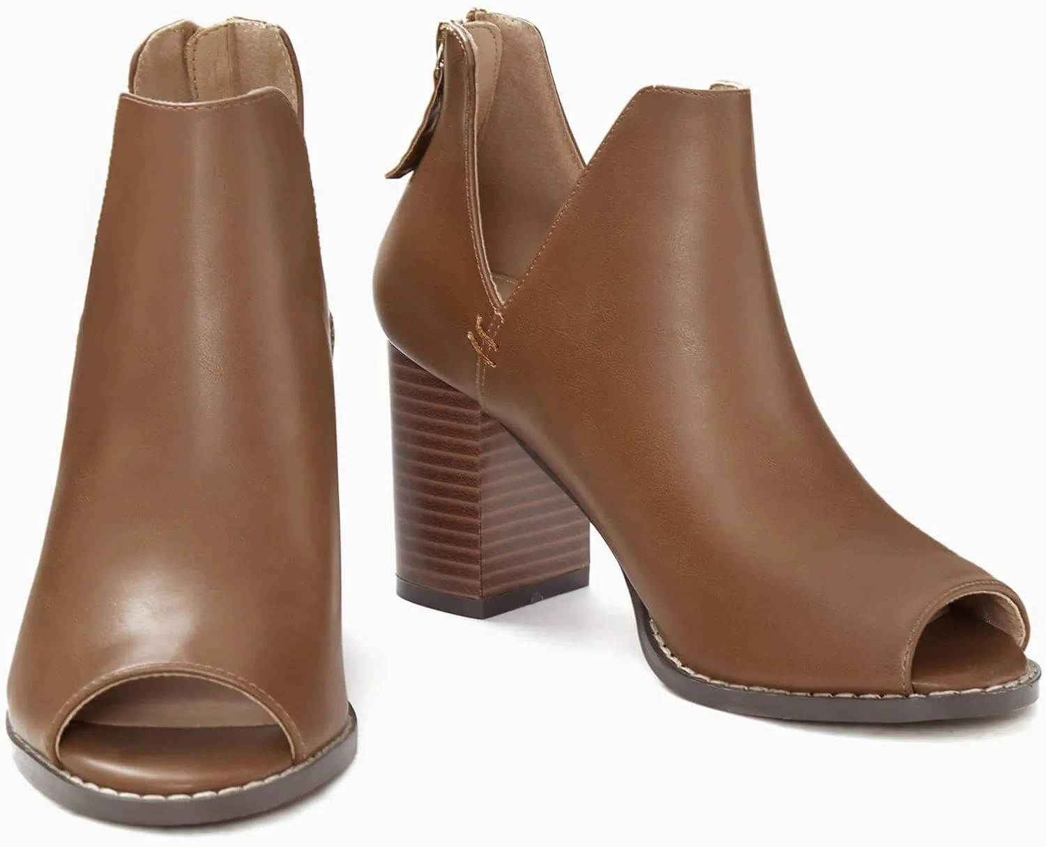 Coutgo Womens Peep Toe Booties Low Chunky Block Heels Side Slit V Cutout Ankle Boots Sandals