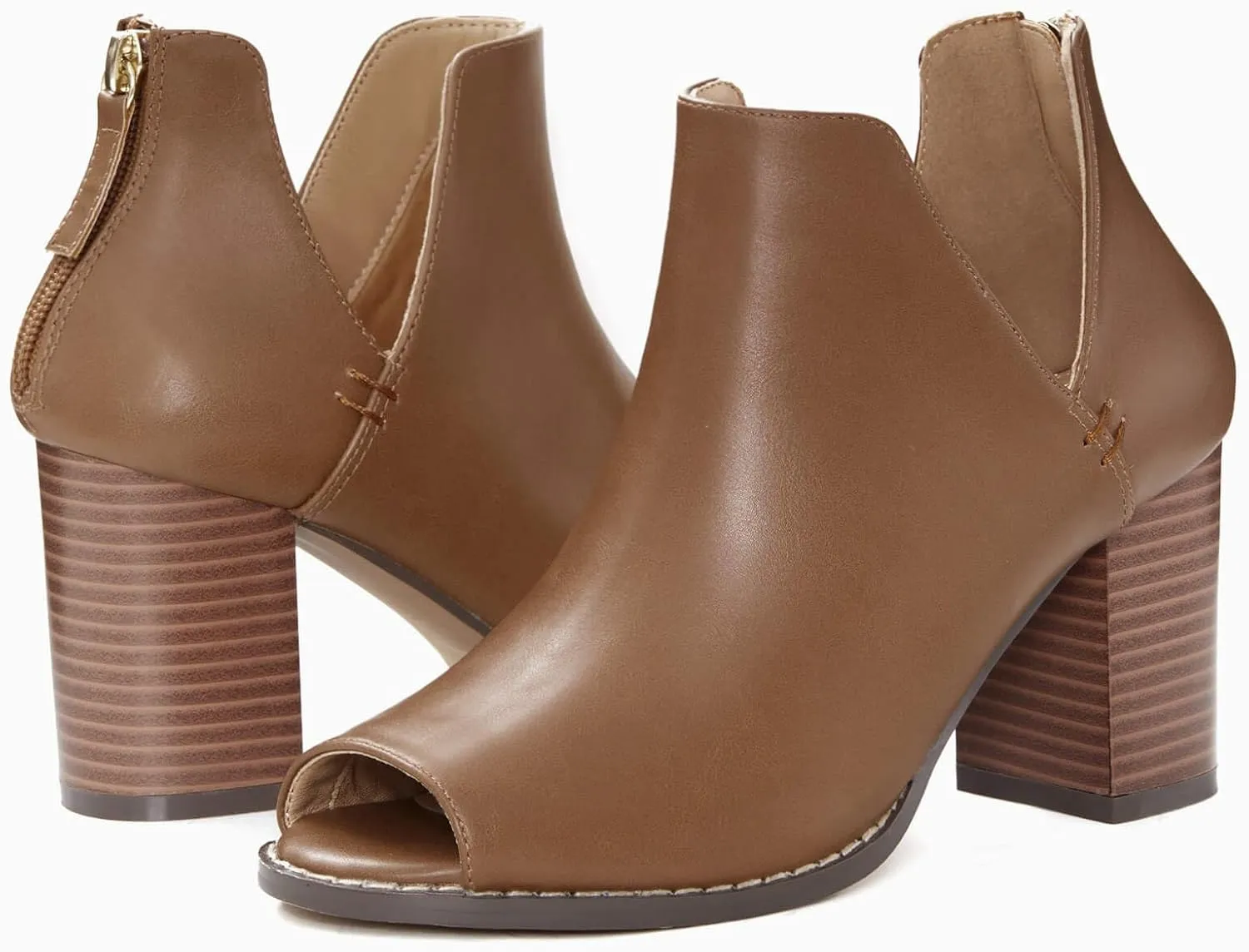Coutgo Womens Peep Toe Booties Low Chunky Block Heels Side Slit V Cutout Ankle Boots Sandals
