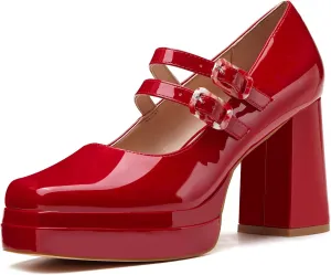 Coutgo Women's Platform Mary Jane Pumps Two Strap Square Toe Chunky Block Heel Sandals Party Shoes