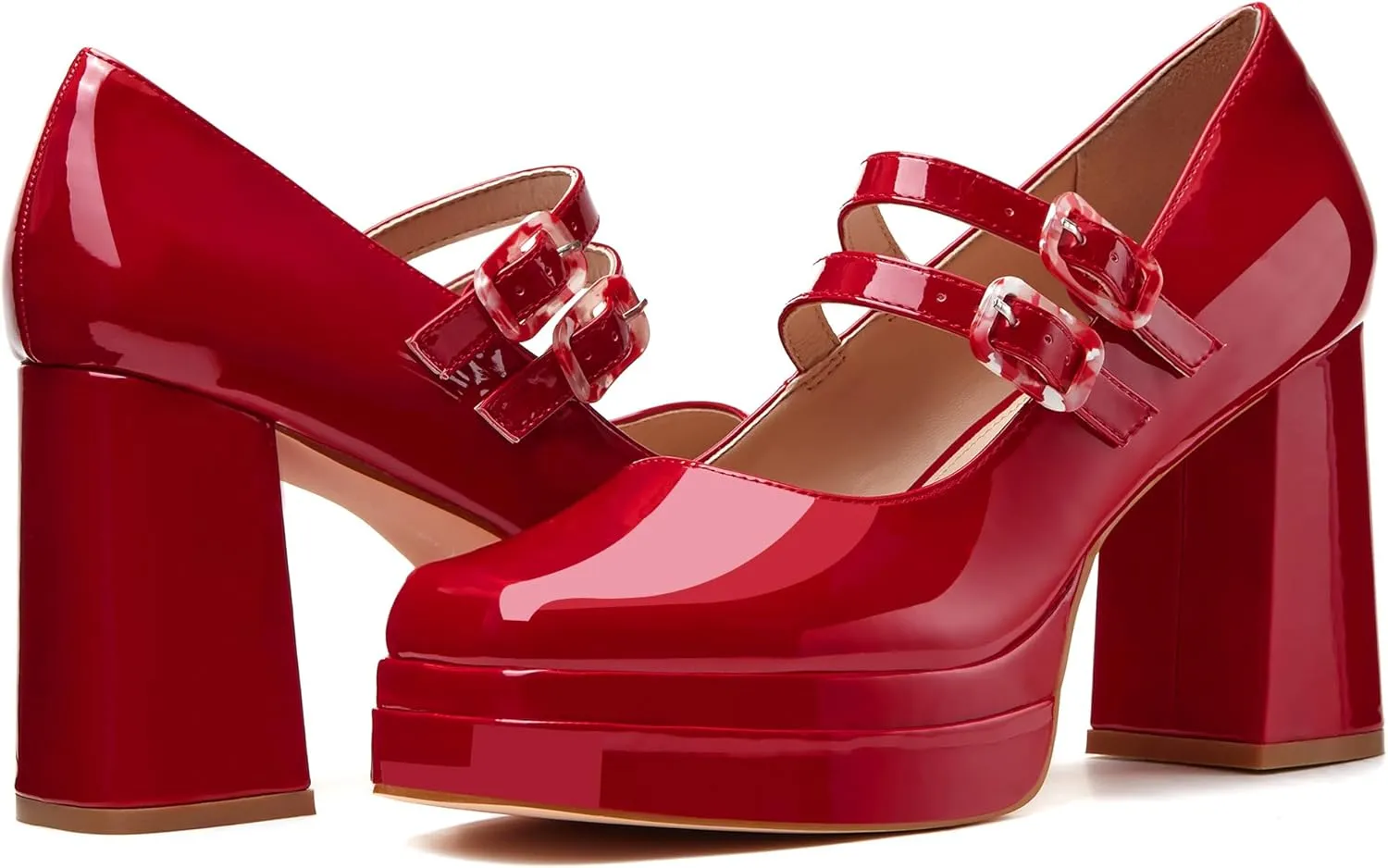 Coutgo Women's Platform Mary Jane Pumps Two Strap Square Toe Chunky Block Heel Sandals Party Shoes