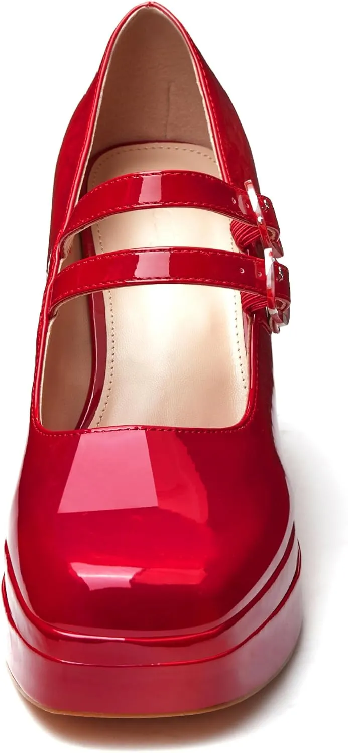 Coutgo Women's Platform Mary Jane Pumps Two Strap Square Toe Chunky Block Heel Sandals Party Shoes