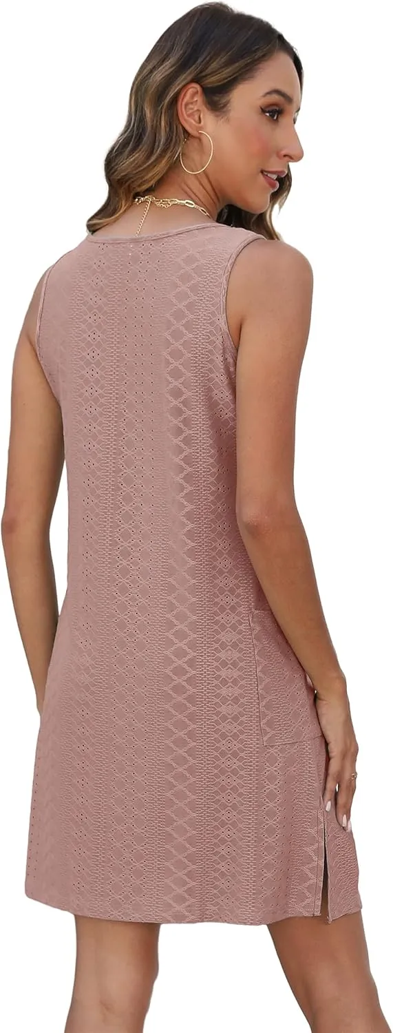 Coverup Summer Dresses for Women 2025 Eyelet Casual Loose Sleeveless Sundresses Tank Dresses with Pockets
