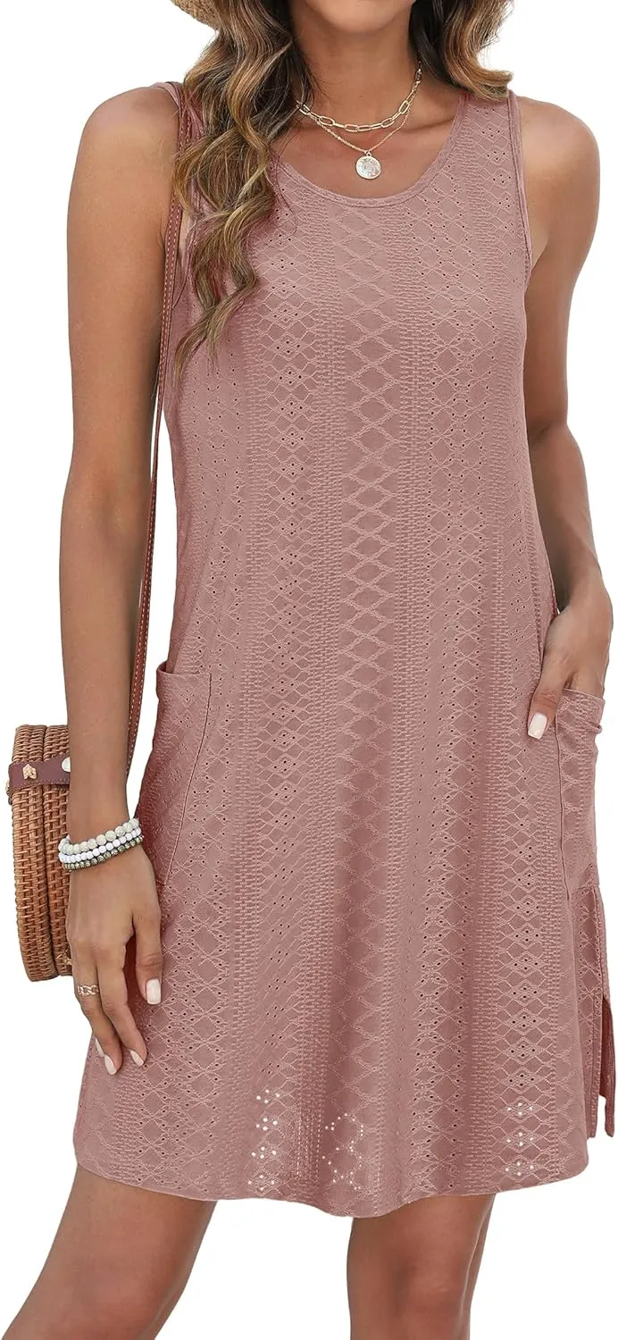 Coverup Summer Dresses for Women 2025 Eyelet Casual Loose Sleeveless Sundresses Tank Dresses with Pockets