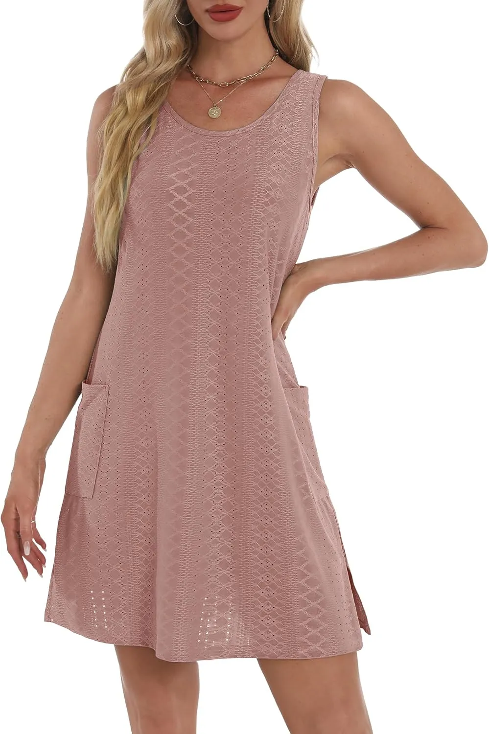 Coverup Summer Dresses for Women 2025 Eyelet Casual Loose Sleeveless Sundresses Tank Dresses with Pockets