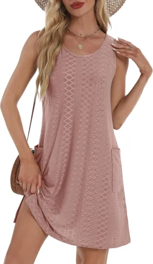 Coverup Summer Dresses for Women 2025 Eyelet Casual Loose Sleeveless Sundresses Tank Dresses with Pockets