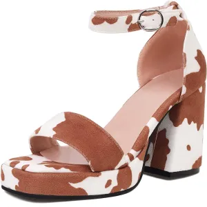 Cozivwaiy Square Toe Heels Sandals Cow Print for Women Cute Chunky Platform Sandals Cow Party Dress Heels Printed