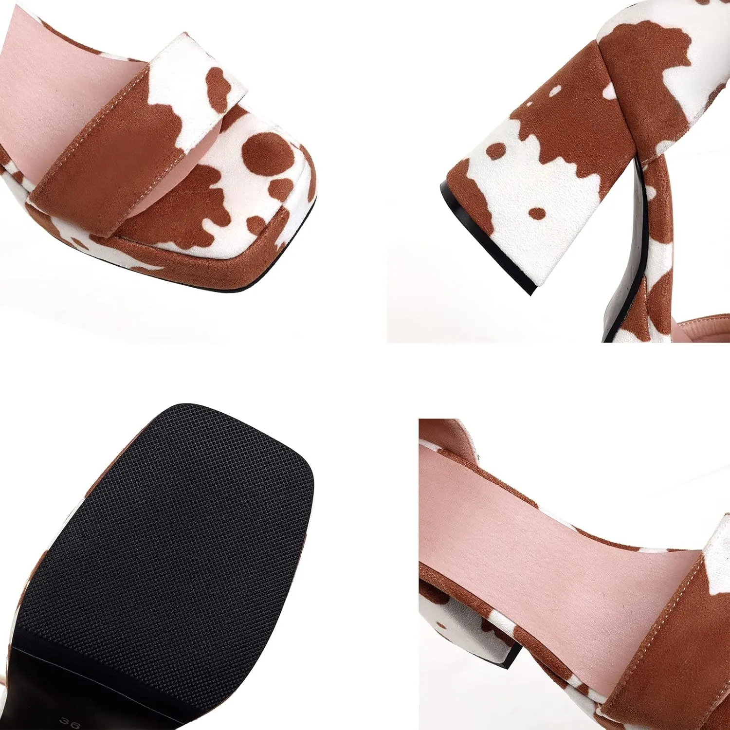 Cozivwaiy Square Toe Heels Sandals Cow Print for Women Cute Chunky Platform Sandals Cow Party Dress Heels Printed