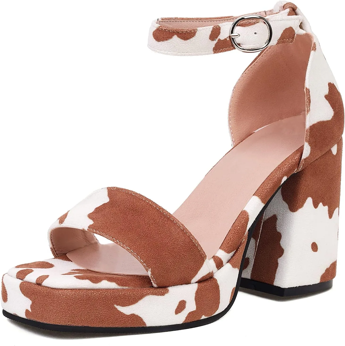 Cozivwaiy Square Toe Heels Sandals Cow Print for Women Cute Chunky Platform Sandals Cow Party Dress Heels Printed