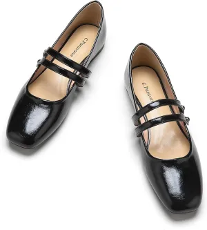 C.Paravano Mary Jane Shoes for Women, Women's Square Toe Flats, Comfortable Leather Mary Jane Flats, Slip On Dress Ballet Flat, Walking Black Shoes for Casual Work Office (Size 8,Black)