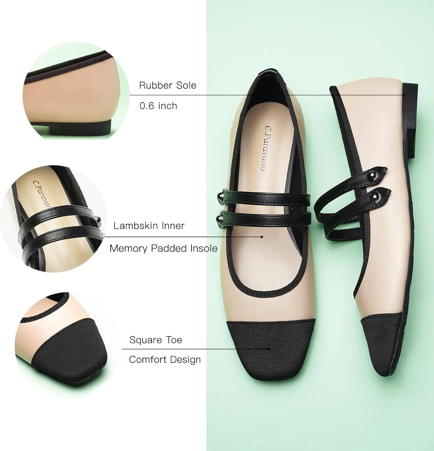 C.Paravano Womens Mary Jane Flats Closed Square Toe Mary Jane Shoes for Women Double Strap Dressy Work Shoes Slip on Ballet Flats Mary Janes for Casual Wedding