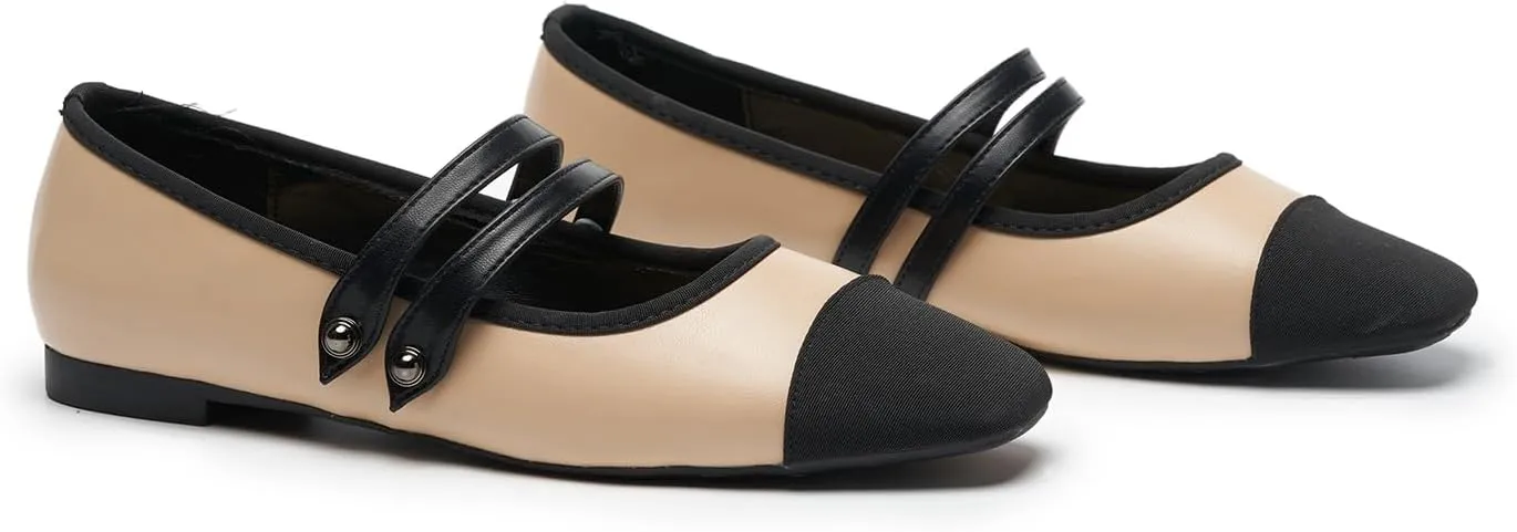 C.Paravano Womens Mary Jane Flats Closed Square Toe Mary Jane Shoes for Women Double Strap Dressy Work Shoes Slip on Ballet Flats Mary Janes for Casual Wedding