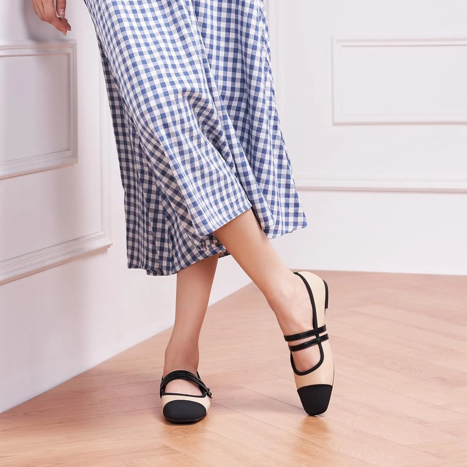 C.Paravano Womens Mary Jane Flats Closed Square Toe Mary Jane Shoes for Women Double Strap Dressy Work Shoes Slip on Ballet Flats Mary Janes for Casual Wedding