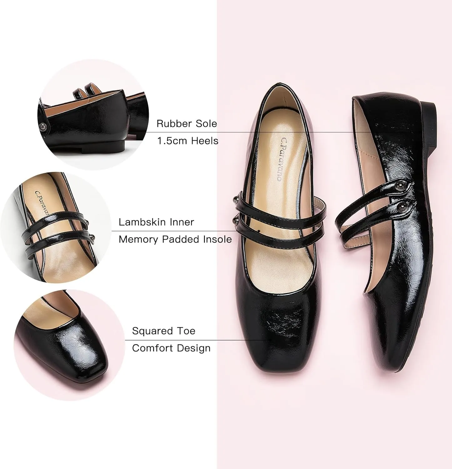C.Paravano Women's Mary Jane Flats,Square Toe Mary Jane Shoes for Women,Mary Jane Ballet Flats,Slip On Dress Strap Shoes for Casual Work Office & Wedding Business