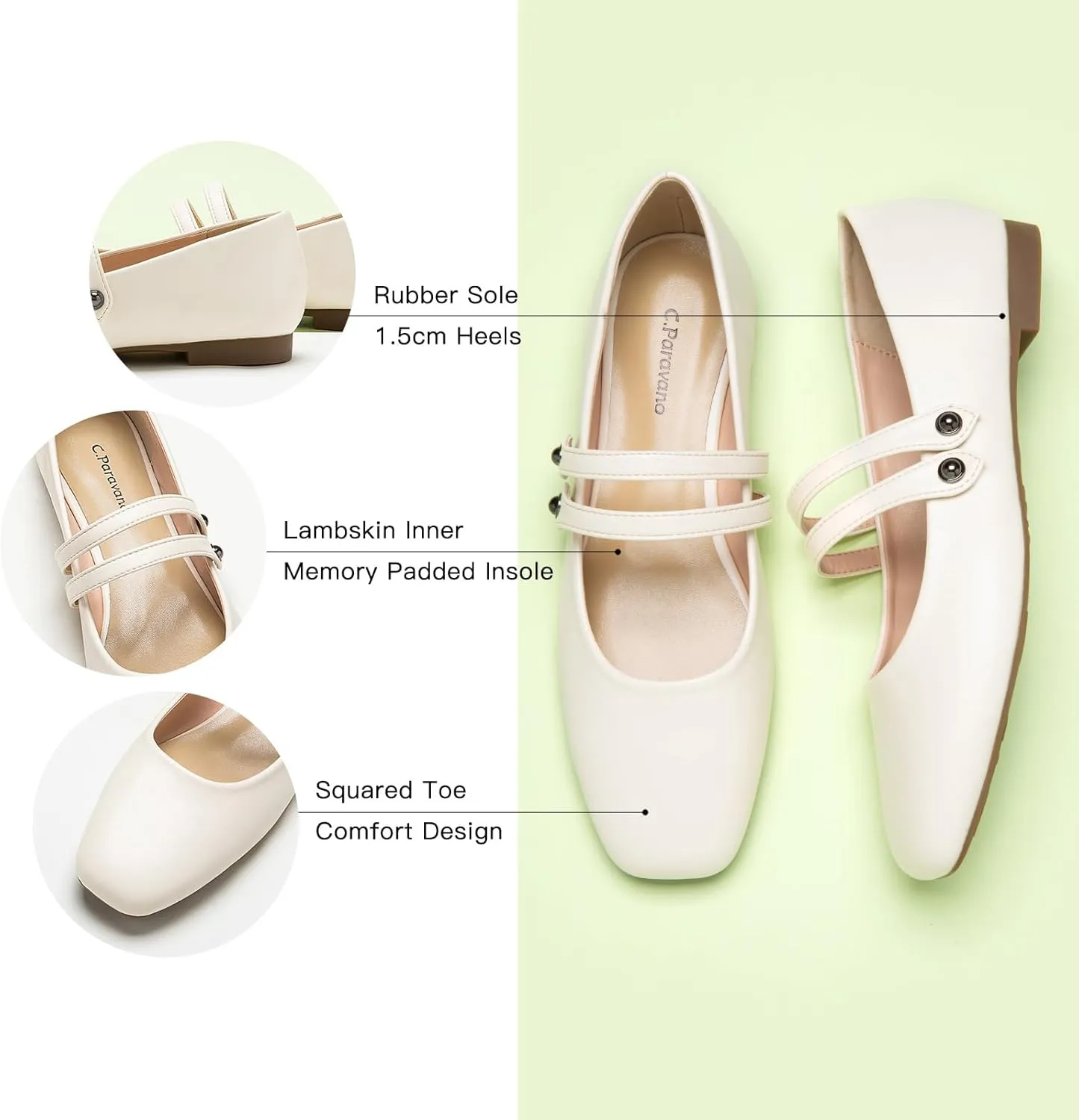 C.Paravano Women's Mary Jane Flats,Square Toe Mary Jane Shoes for Women,Mary Jane Ballet Flats,Slip On Dress Strap Shoes for Casual Work Office & Wedding Business