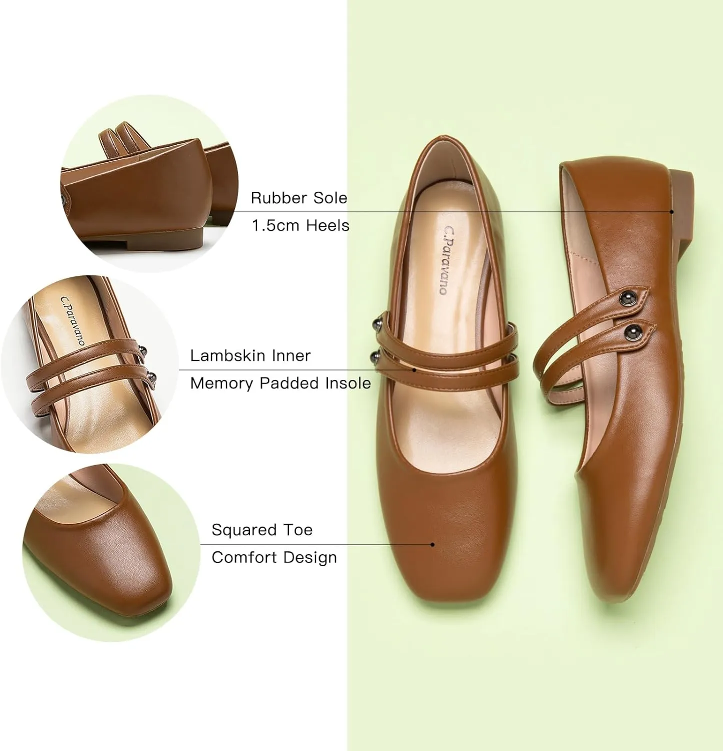 C.Paravano Women's Mary Jane Flats,Square Toe Mary Jane Shoes for Women,Mary Jane Ballet Flats,Slip On Dress Strap Shoes for Casual Work Office & Wedding Business