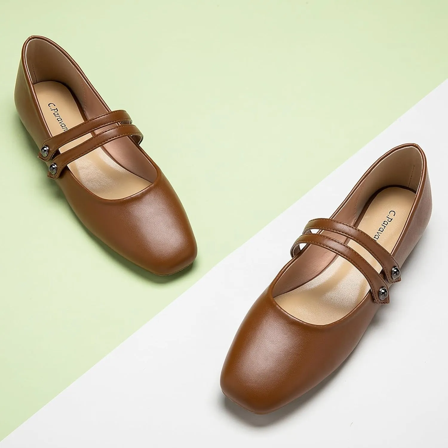 C.Paravano Women's Mary Jane Flats,Square Toe Mary Jane Shoes for Women,Mary Jane Ballet Flats,Slip On Dress Strap Shoes for Casual Work Office & Wedding Business