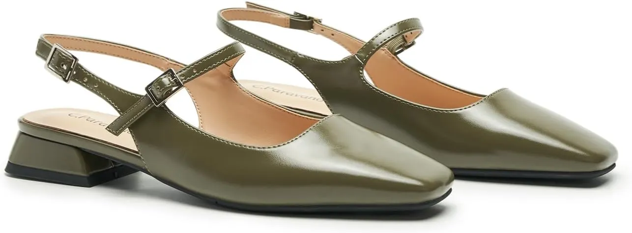 C.Paravano Women's Slingback Flats | Square Toe Slingback Flats for Women | Block Heel Sandals