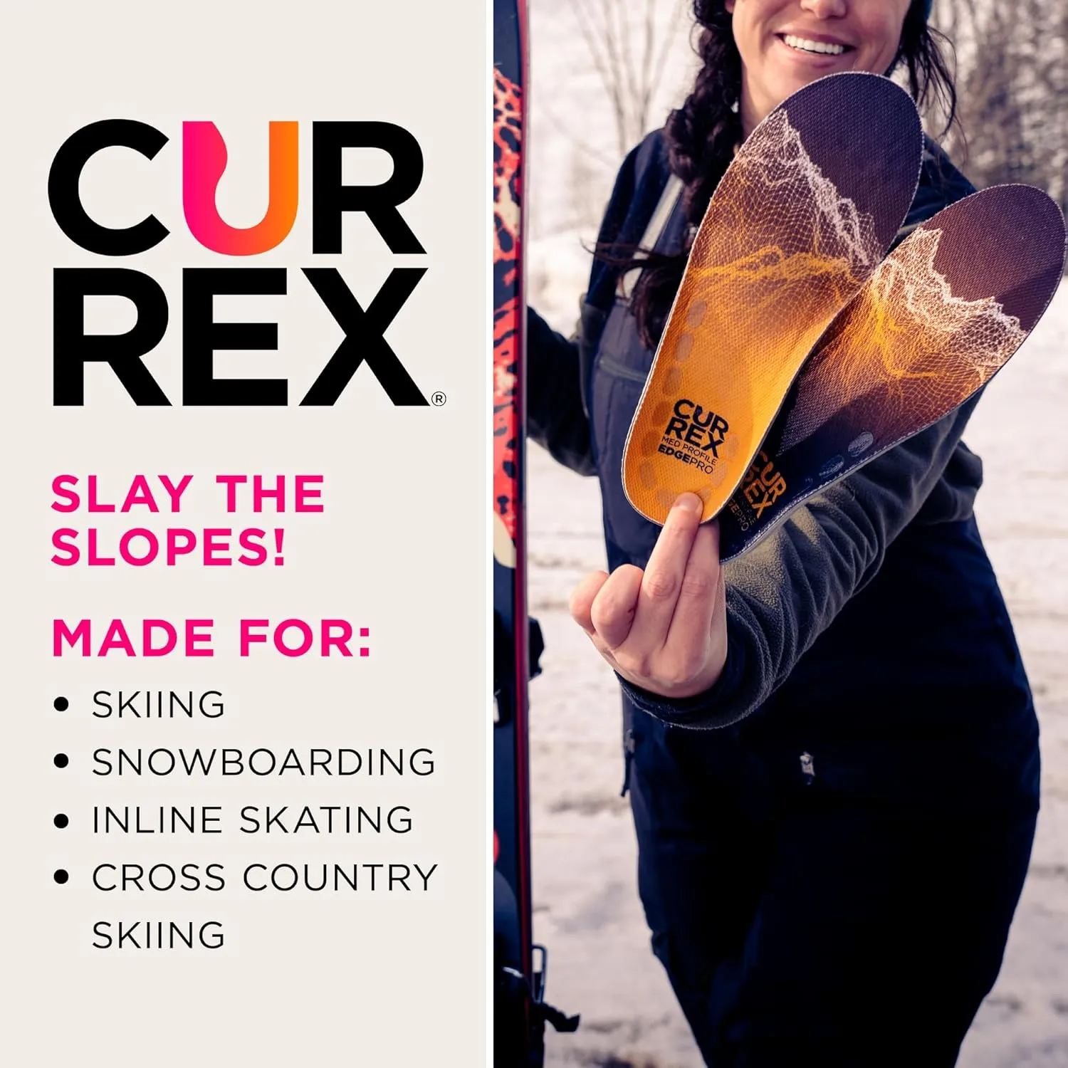 CURREX EdgePro Thermo Regulating Ski Boot Insoles for Snowboarding, Skiing, & Winter Sports – Ski Boot Inserts with Shock Absorbing Cushioning – for Men & Women – Low Arch, 2X