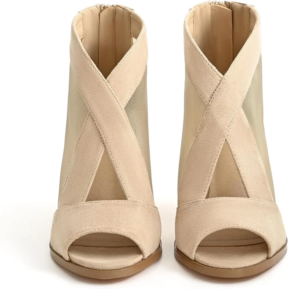 Cut Out Mesh Sandals High Block Heels Peep Toe Summer Ankle Boots