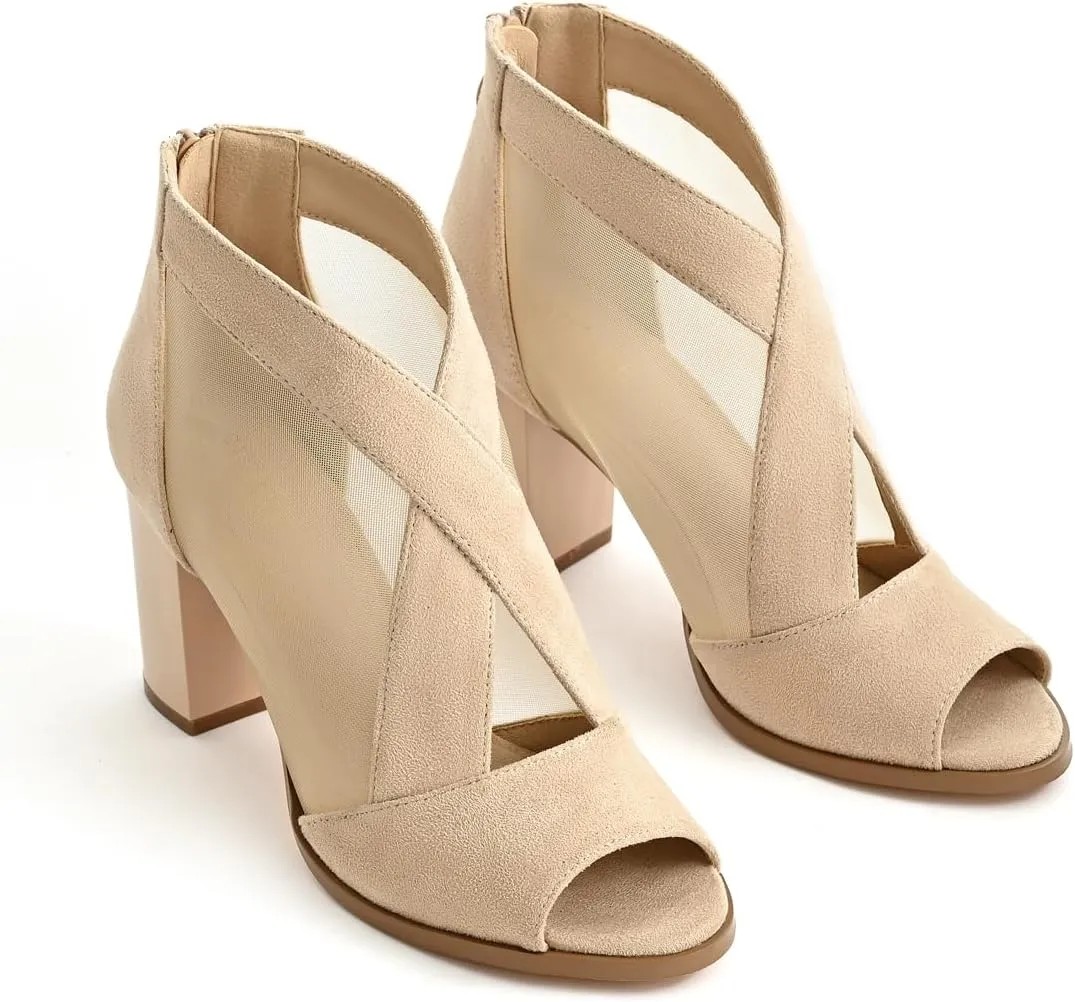 Cut Out Mesh Sandals High Block Heels Peep Toe Summer Ankle Boots