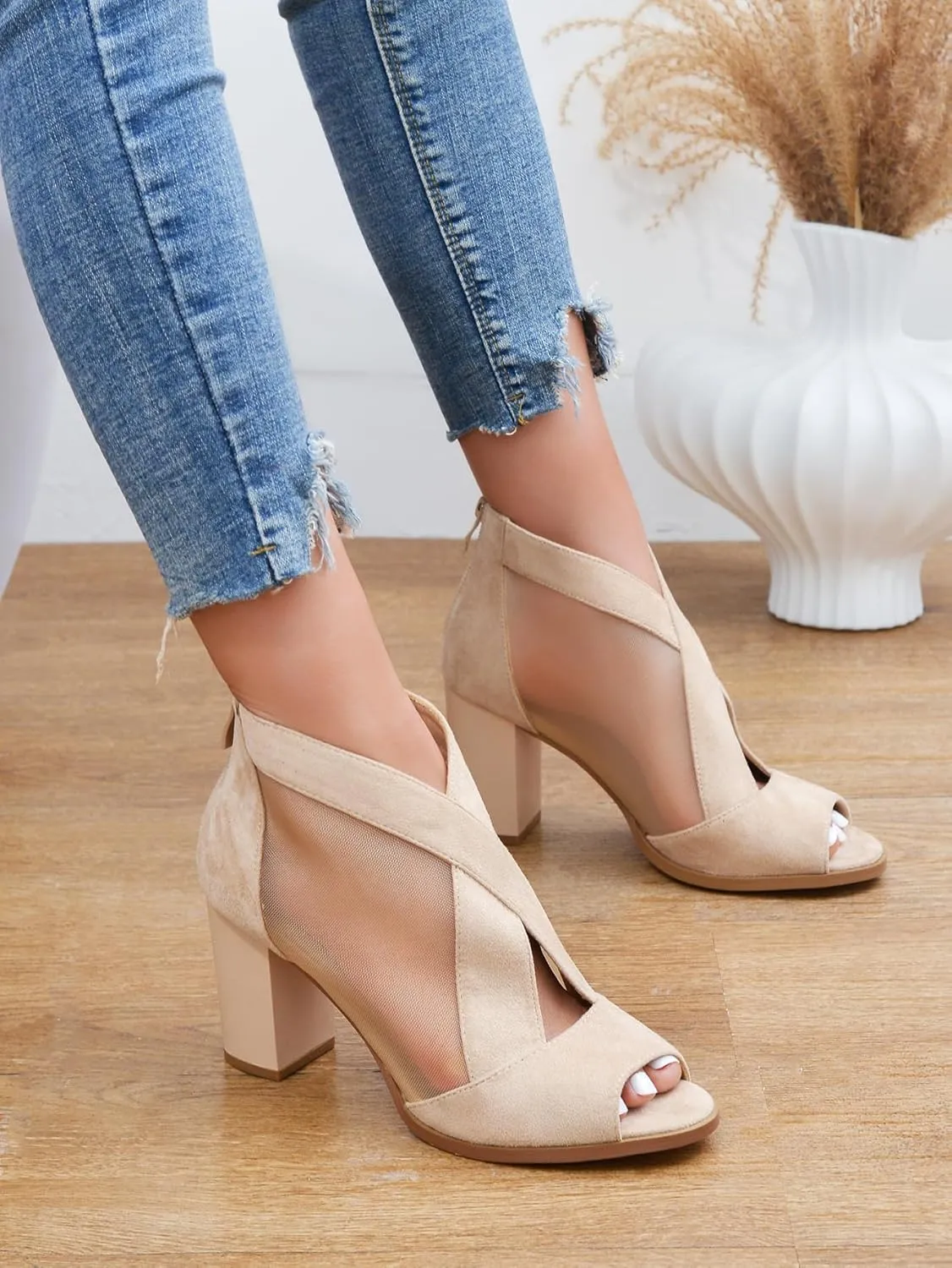 Cut Out Mesh Sandals High Block Heels Peep Toe Summer Ankle Boots