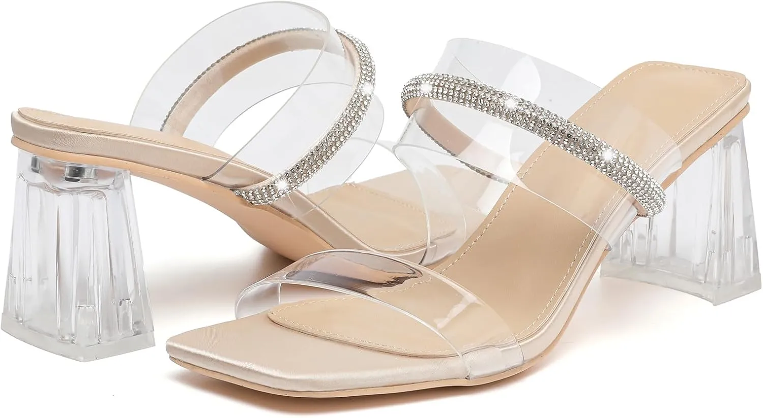 DADAWEN Women's Square Toe Clear Two Strap Open Toe Low Block Chunky Slip on Heels Sandals for Women Dressy