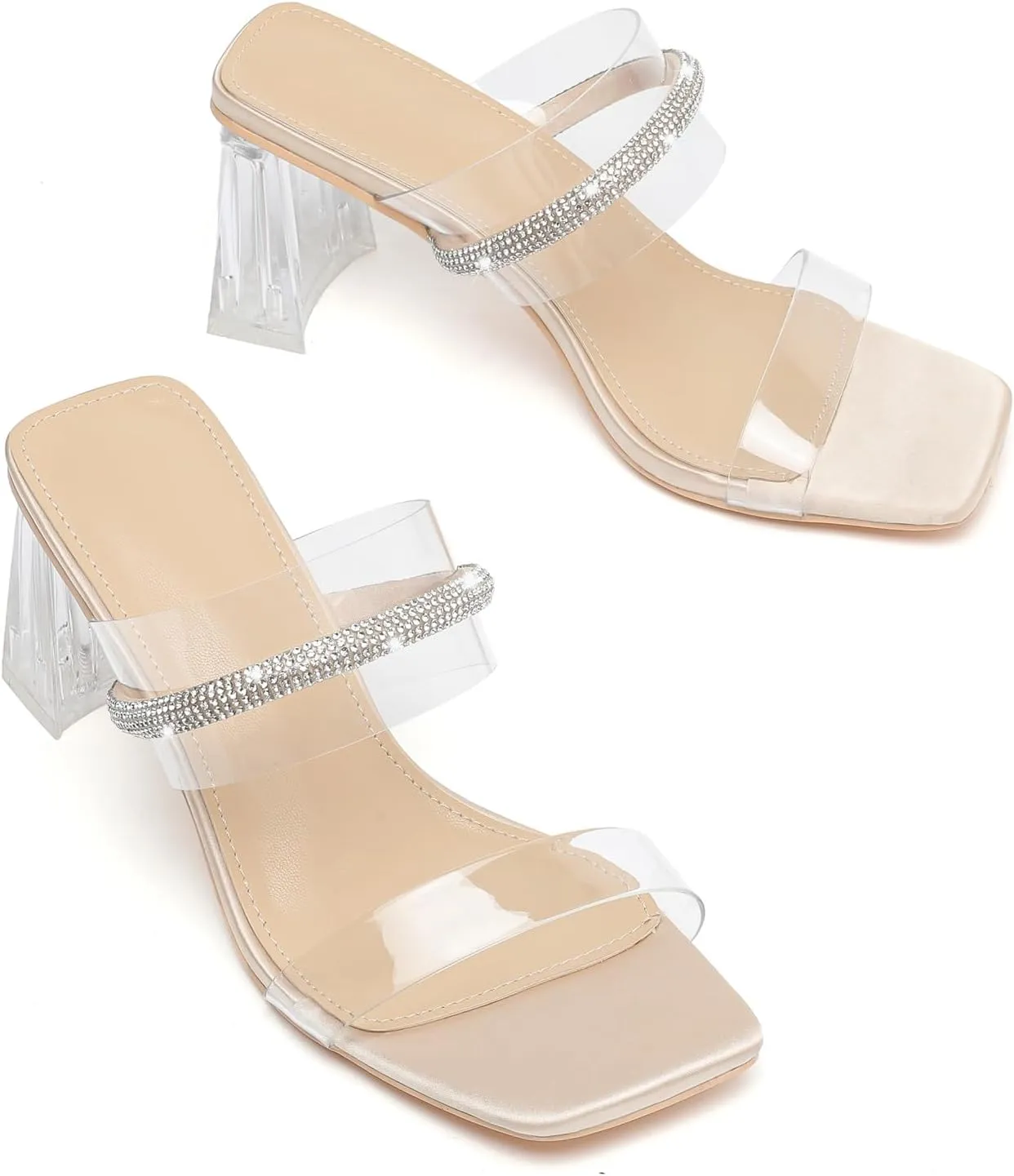 DADAWEN Women's Square Toe Clear Two Strap Open Toe Low Block Chunky Slip on Heels Sandals for Women Dressy