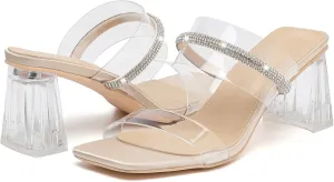 DADAWEN Women's Square Toe Clear Two Strap Open Toe Low Block Chunky Slip on Heels Sandals for Women Dressy