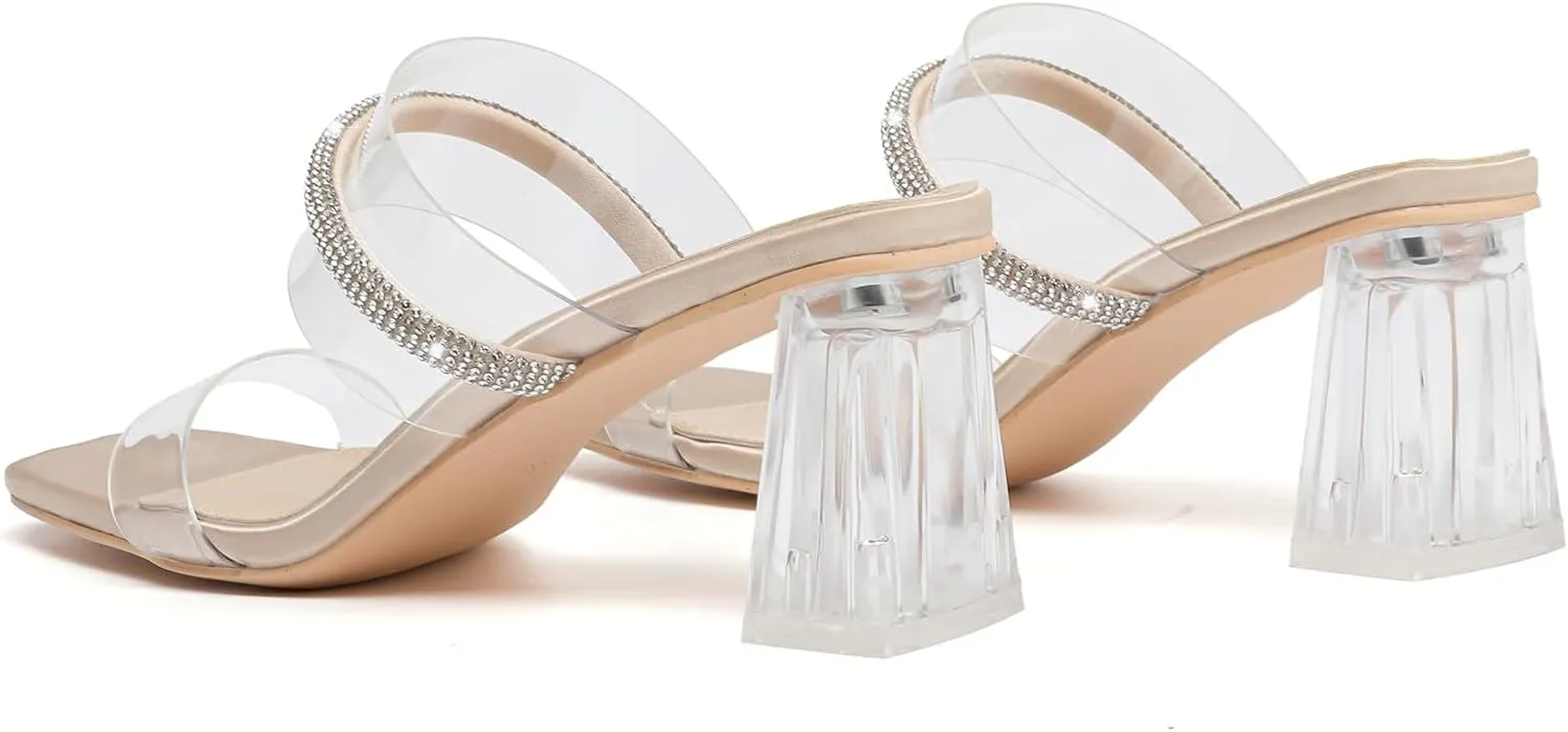 DADAWEN Women's Square Toe Clear Two Strap Open Toe Low Block Chunky Slip on Heels Sandals for Women Dressy
