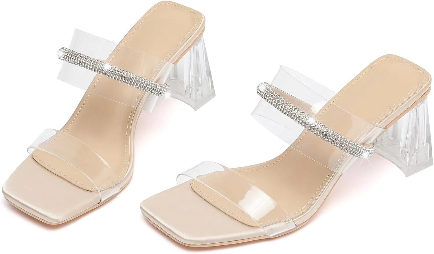 DADAWEN Women's Square Toe Clear Two Strap Open Toe Low Block Chunky Slip on Heels Sandals for Women Dressy
