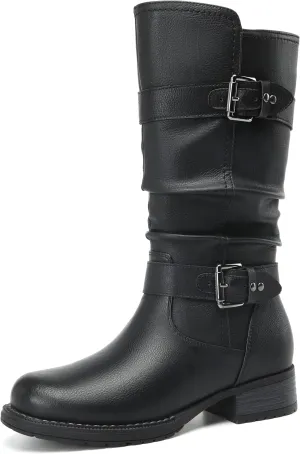 DECARSDZ Women's Fashion Mid Calf Black Boots For Women Dress Boot With Chunky Low Heel Style Zipper Comfort Booties