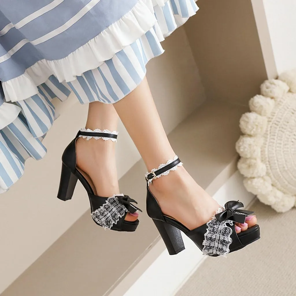 DINTAHA Kawaii Lolita Bow Platform Heels,Chunky Peep Toe Sandals,Lace Heels For Women