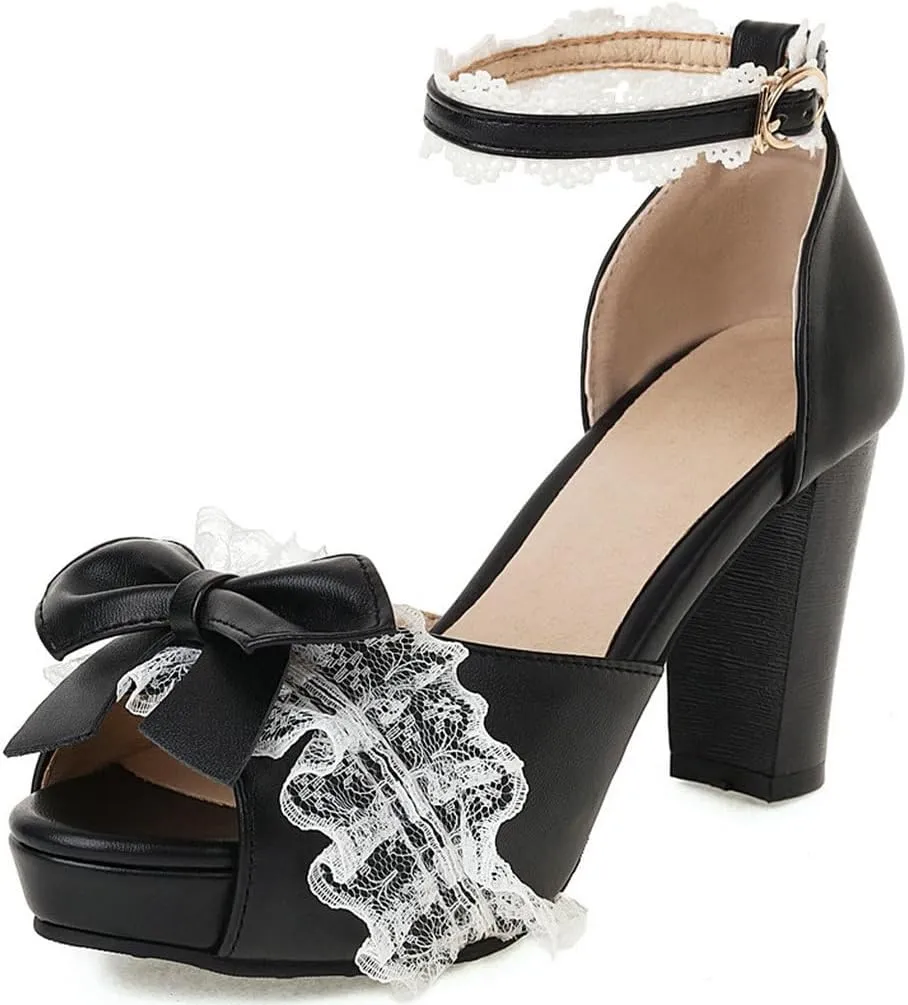 DINTAHA Kawaii Lolita Bow Platform Heels,Chunky Peep Toe Sandals,Lace Heels For Women