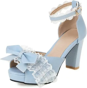 DINTAHA Kawaii Lolita Bow Platform Heels,Chunky Peep Toe Sandals,Lace Heels For Women
