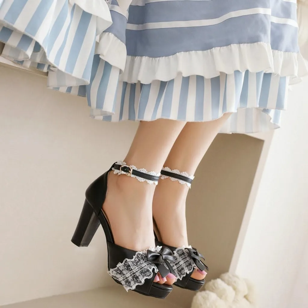 DINTAHA Kawaii Lolita Bow Platform Heels,Chunky Peep Toe Sandals,Lace Heels For Women