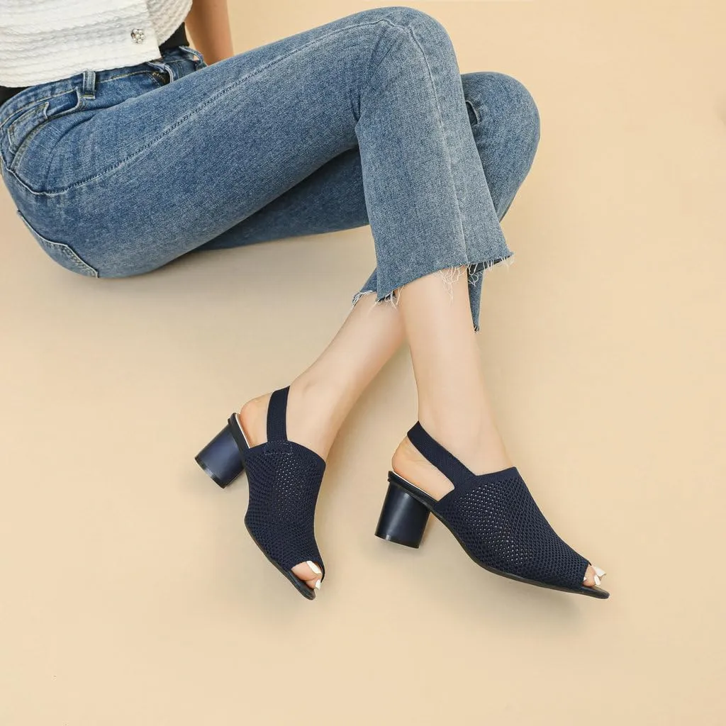 DINTAHA Open Toe Booties for Women,Knit Heeled Sandals, Chunky Heel Peep Toe Ankle Boots,Elastic Slingback Sandals