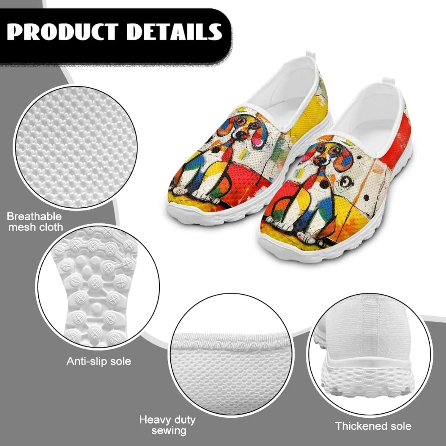 Dog Print Mesh Slip on Shoes for Women Comfort Casual Loafers Walking Sneakers EVA Sole Breathable Shoes