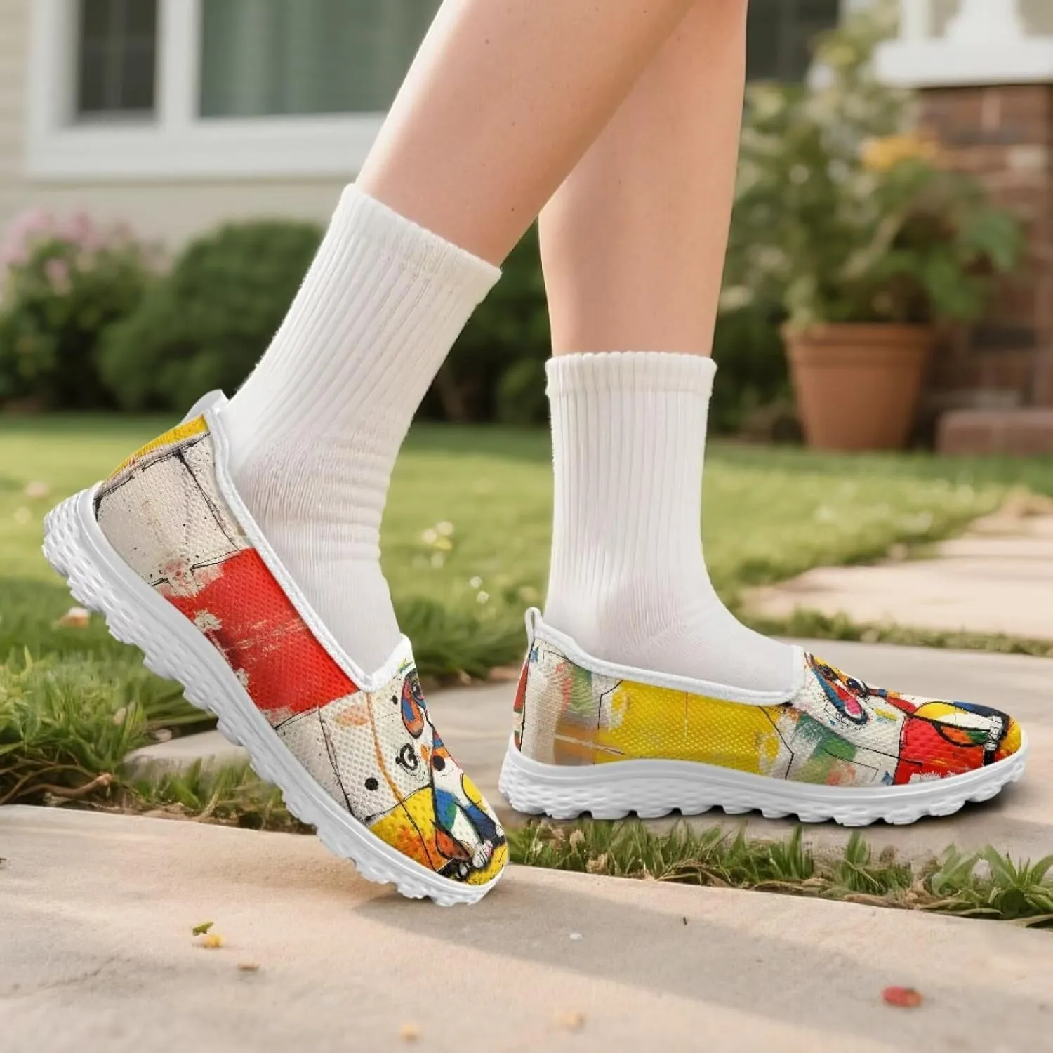 Dog Print Mesh Slip on Shoes for Women Comfort Casual Loafers Walking Sneakers EVA Sole Breathable Shoes