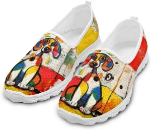 Dog Print Mesh Slip on Shoes for Women Comfort Casual Loafers Walking Sneakers EVA Sole Breathable Shoes