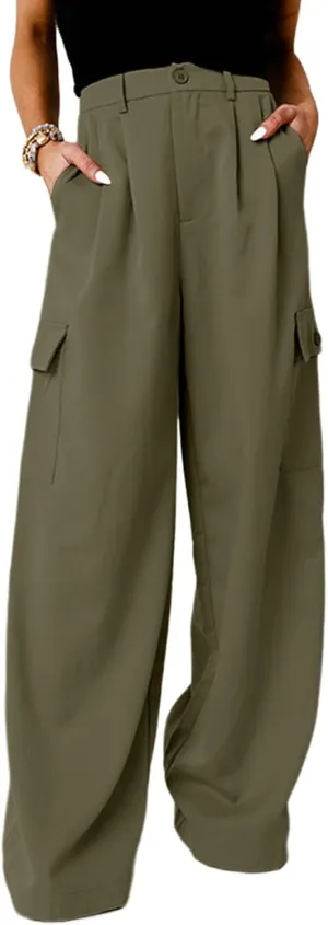 Dokotoo Womens High Waisted Wide Leg Cargo Pants Baggy Casual Trendy Work Pants with 4 Pockets