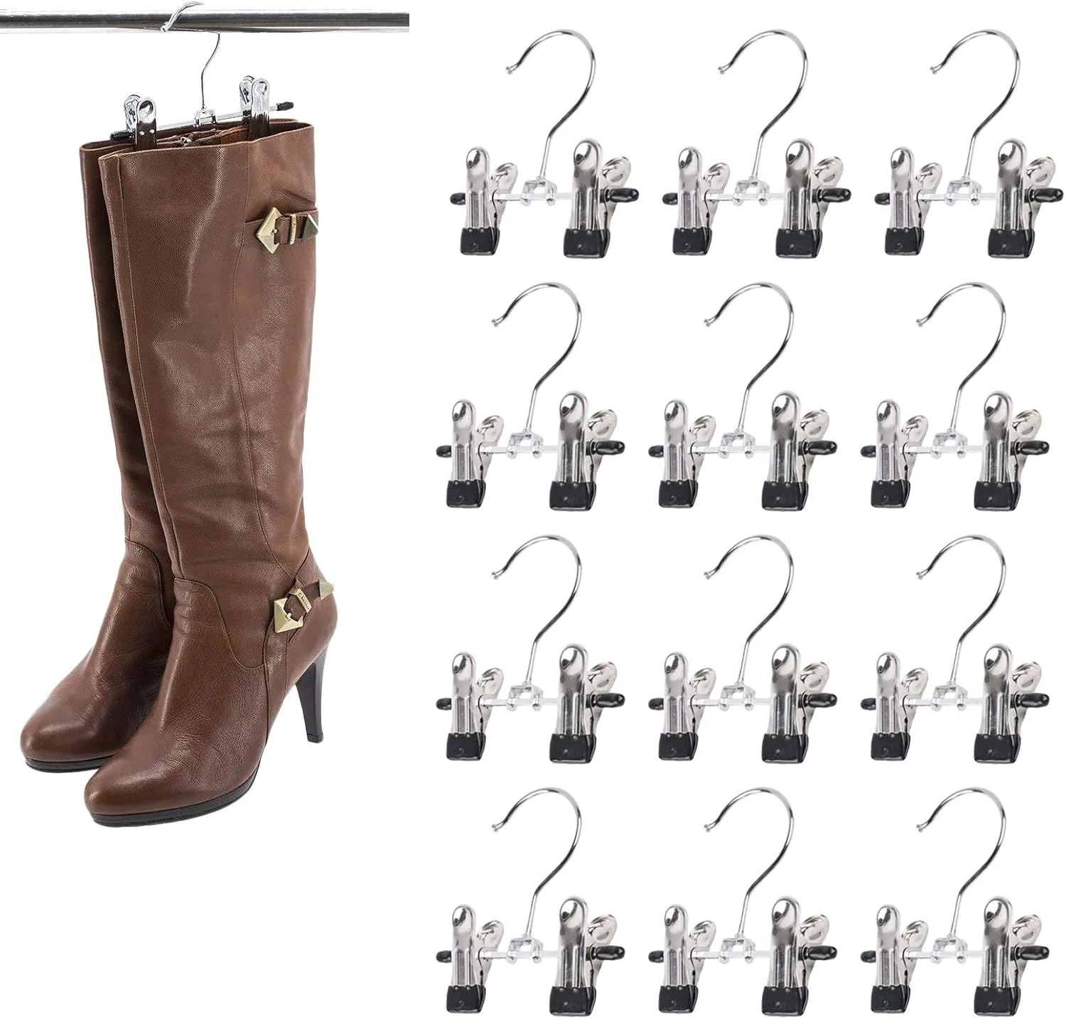 Double Adjustable Clips Boots Hangers,Space Saving Boots Socks Bags Hanging Clips Boot Holder Boot Organizer,Set of 12 (12)