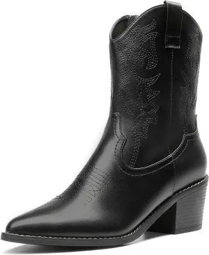 DREAM PAIRS Women's Cowboy Boots, Pointed Toe Chunky Heel Cowgirl Boots, Zipper Pull-On Stitched Western Boots Ankle Boots for Ladies