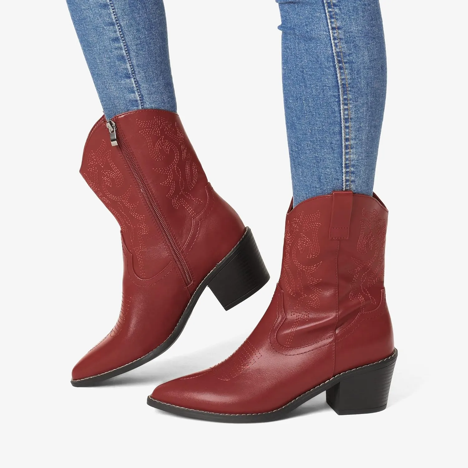 DREAM PAIRS Women's Cowboy Boots, Pointed Toe Chunky Heel, Zipper Pull-On Stitched Western Ankle Boots