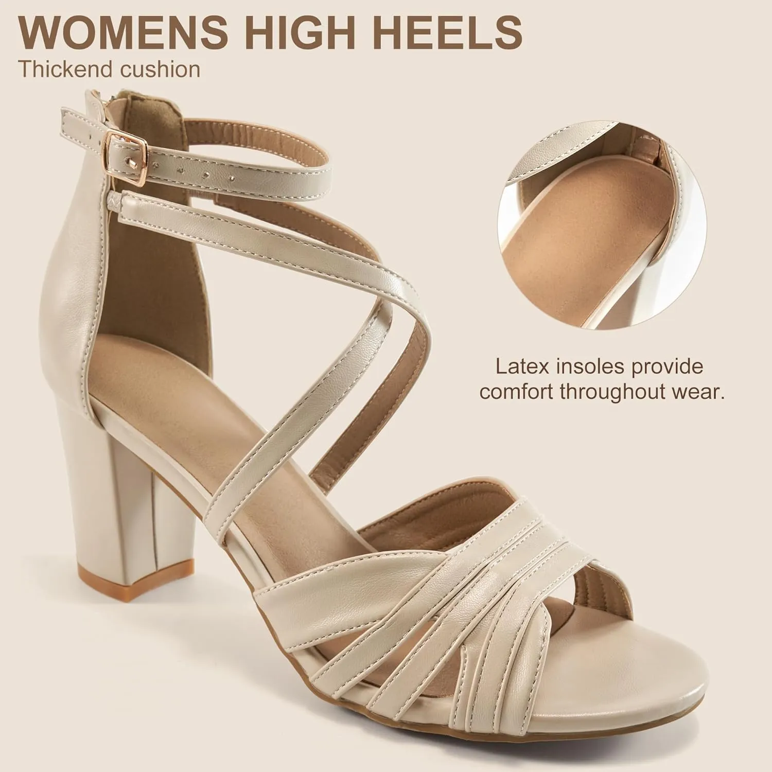 Ecetana Womens Sandals Chunky Heel Dressy Open Toe Buckle Ankle Strap Back Zipper Sexy Block Shoes for Party Wedding